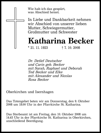 Todesanzeige von Katharina Becker von SAARBRÜCKER ZEITUNG
