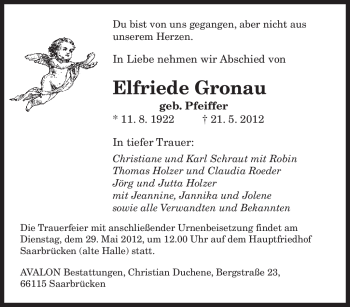 Todesanzeige von Elfriede Gronau von SAARBRÜCKER ZEITUNG