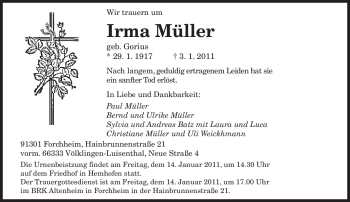 Todesanzeige von Irma Müller von SAARBRÜCKER ZEITUNG