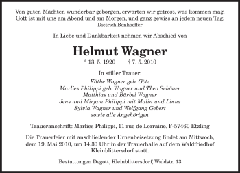 Todesanzeige von Helmut Wagner von SAARBRÜCKER ZEITUNG