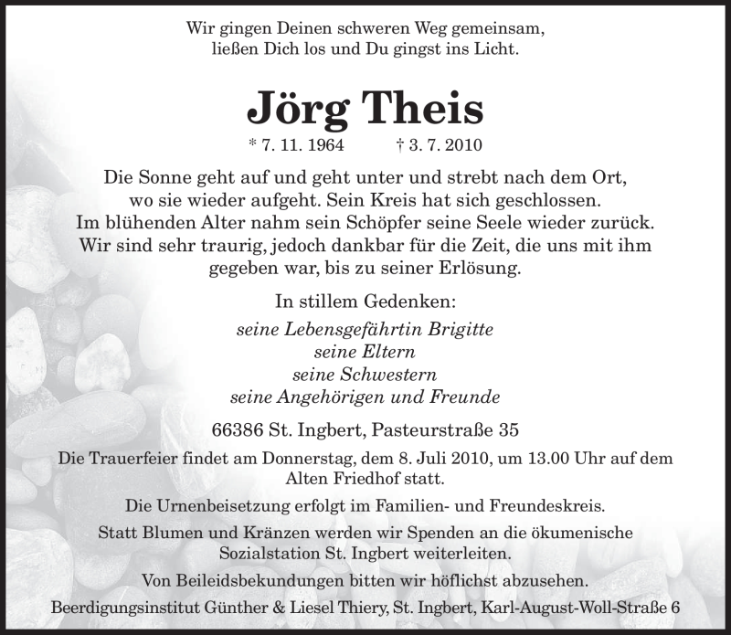  Traueranzeige für Jörg Theis vom 07.07.2010 aus SAARBRÜCKER ZEITUNG