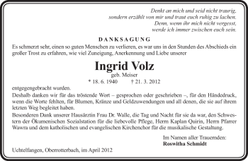 Todesanzeige von Ingrid Volz von SAARBRÜCKER ZEITUNG