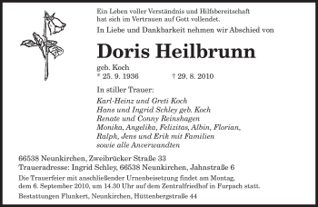 Todesanzeige von Doris Heilbrunn von SAARBRÜCKER ZEITUNG