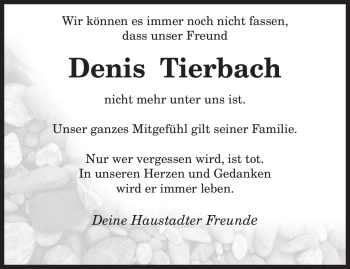 Todesanzeige von Denis Tierbach von SAARBRÜCKER ZEITUNG