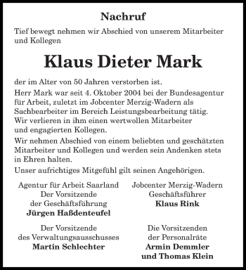 Todesanzeige von Klaus Dieter Mark von saarbruecker_zeitung