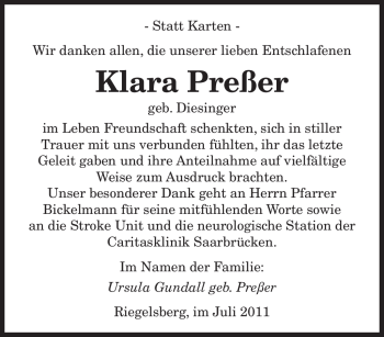 Todesanzeige von Klara Preßer von SAARBRÜCKER ZEITUNG