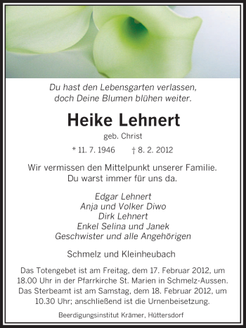 Todesanzeige von Heike Lehnert von SAARBRÜCKER ZEITUNG