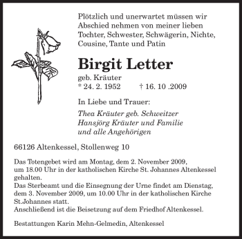 Todesanzeige von Birgit Letter von SAARBRÜCKER ZEITUNG