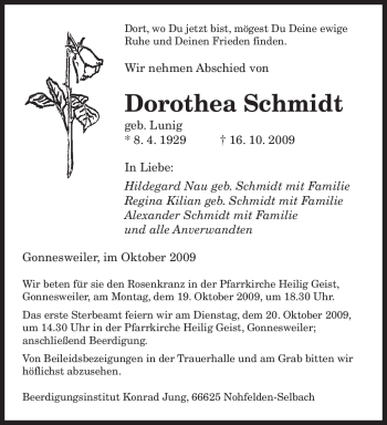 Todesanzeige von Dorothea Schmidt von SAARBRÜCKER ZEITUNG