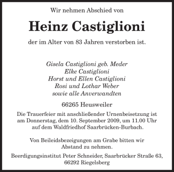 Todesanzeige von Heinz Castiglioni von SAARBRÜCKER ZEITUNG
