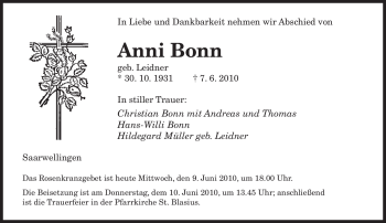 Todesanzeige von Anni Bonn von SAARBRÜCKER ZEITUNG
