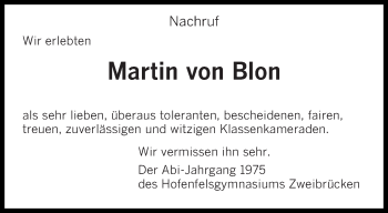 Todesanzeige von Martin von Blon von saarbruecker_zeitung