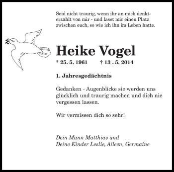Todesanzeige von Heike Vogel von saarbruecker_zeitung