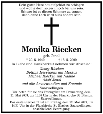Todesanzeige von Monika Riecken von SAARBRÜCKER ZEITUNG