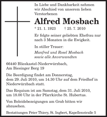 Todesanzeige von Alfred Mosbach von SAARBRÜCKER ZEITUNG
