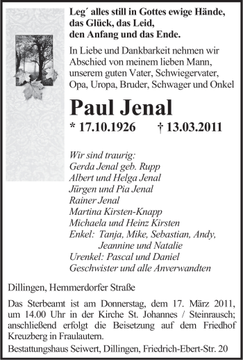 Todesanzeige von Paul Jenal von SAARBRÜCKER ZEITUNG