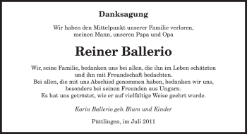 Todesanzeige von Reiner Ballerio von SAARBRÜCKER ZEITUNG