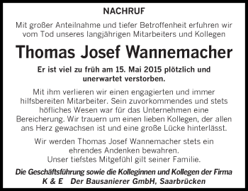 Todesanzeige von Thomas Josef Wannemacher von saarbruecker_zeitung