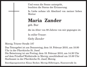 Todesanzeige von Maria Zander von SAARBRÜCKER ZEITUNG