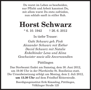 Todesanzeige von Horst Schwarz von SAARBRÜCKER ZEITUNG