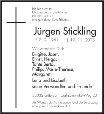 Todesanzeige von Jürgen Stickling 