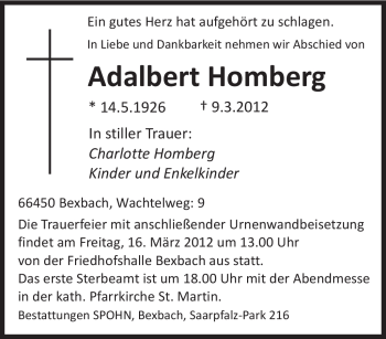 Todesanzeige von Adalbert Homberg von SAARBRÜCKER ZEITUNG