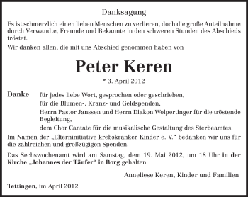 Todesanzeige von Peter Keren von SAARBRÜCKER ZEITUNG