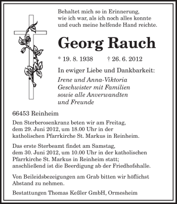 Todesanzeige von Georg Rauch von SAARBRÜCKER ZEITUNG