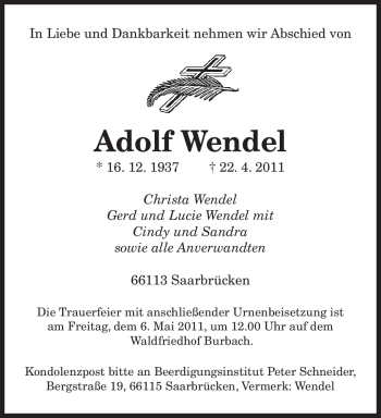 Todesanzeige von Adolf Wendel von SAARBRÜCKER ZEITUNG