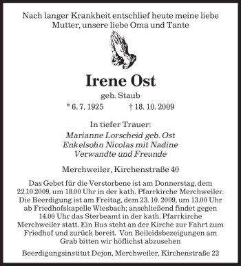 Todesanzeige von Irene Ost von SAARBRÜCKER ZEITUNG