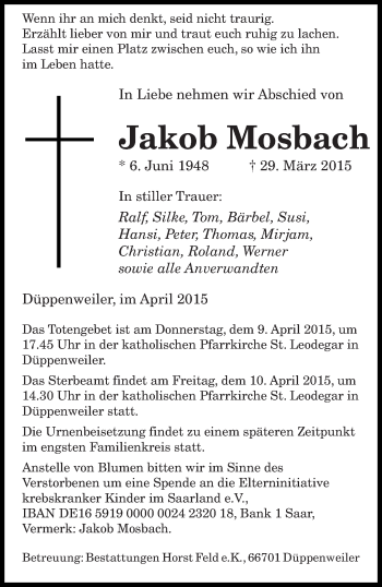 Todesanzeige von Jakob Mosbach von saarbruecker_zeitung
