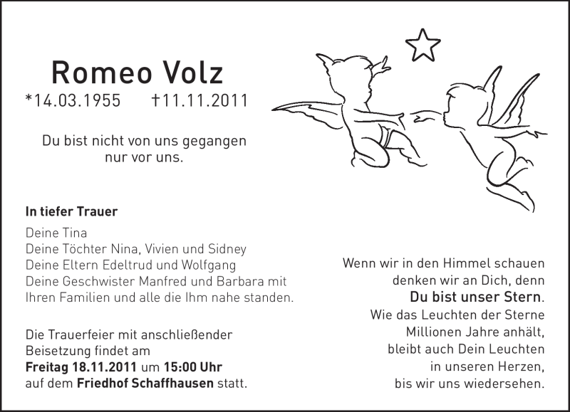  Traueranzeige für Romeo Volz vom 16.11.2011 aus SAARBRÜCKER ZEITUNG