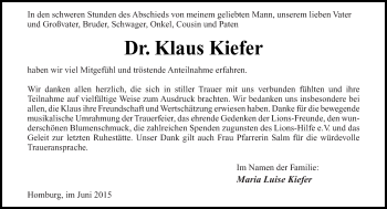 Todesanzeige von Klaus Kiefer von saarbruecker_zeitung