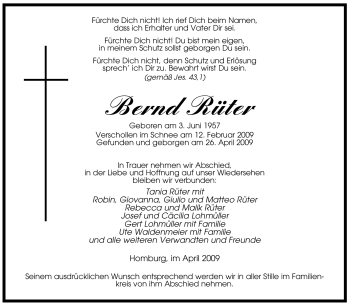 Todesanzeige von Bernd Rüter von SAARBRÜCKER ZEITUNG