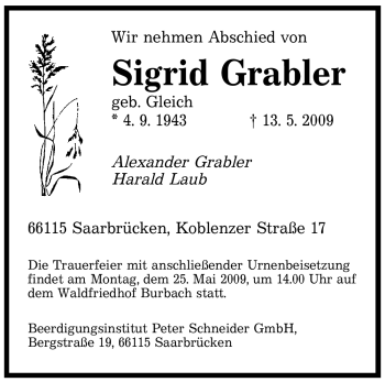 Todesanzeige von Sigrid Grabler von SAARBRÜCKER ZEITUNG