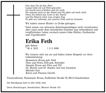 Todesanzeige von Erika Feth von SAARBRÜCKER ZEITUNG