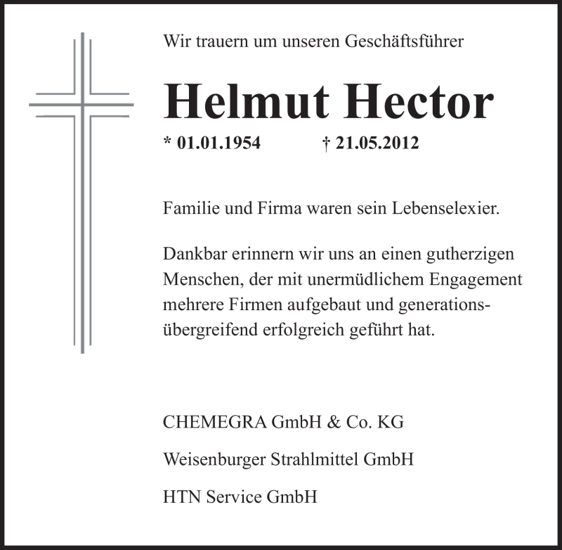  Traueranzeige für Helmut Hector vom 26.05.2012 aus SAARBRÜCKER ZEITUNG