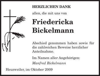 Todesanzeige von Friedericka Bickelmann von SAARBRÜCKER ZEITUNG