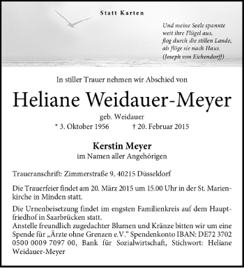 Todesanzeige von Heliane Weidauer-Meyer von saarbruecker_zeitung