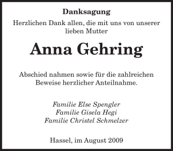 Todesanzeige von Anna Gehring von SAARBRÜCKER ZEITUNG