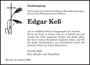 Todesanzeige von Edgar Keß von SAARBRÜCKER ZEITUNG
