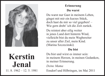 Todesanzeige von Kerstin Jenal von SAARBRÜCKER ZEITUNG