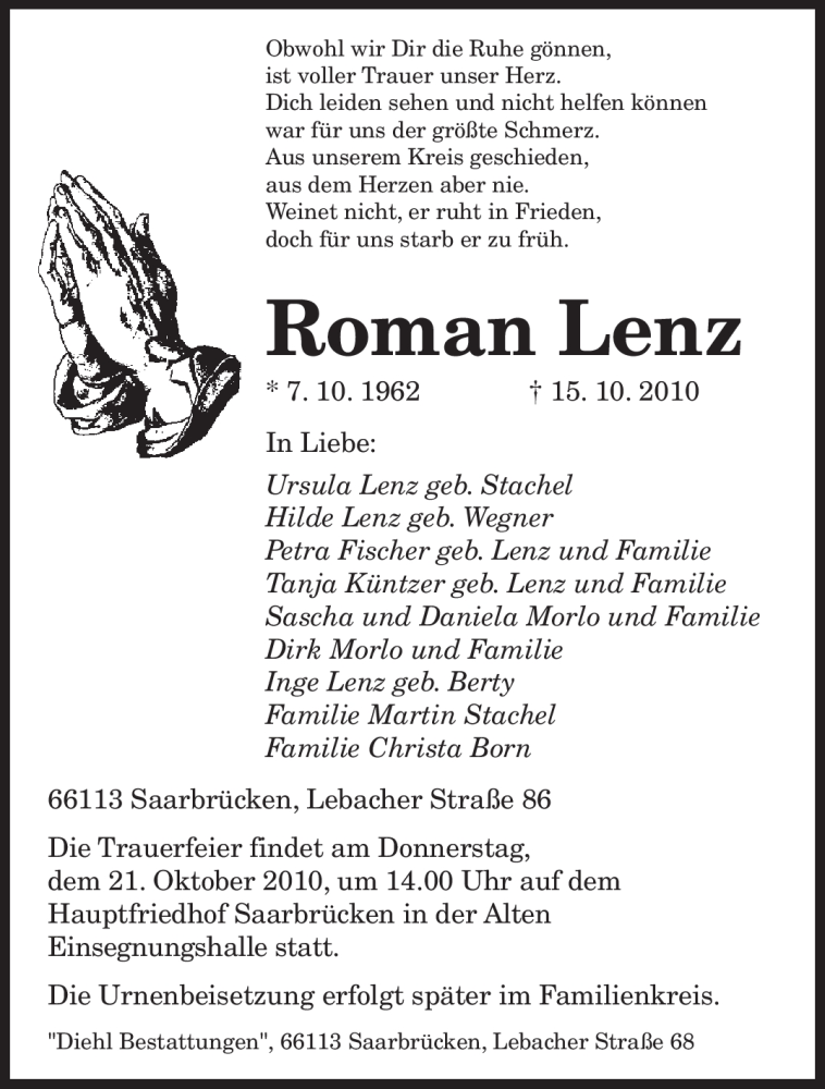  Traueranzeige für Roman Lenz vom 19.10.2010 aus SAARBRÜCKER ZEITUNG