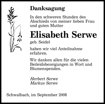 Todesanzeige von Elisabeth Serwe von SAARBRÜCKER ZEITUNG