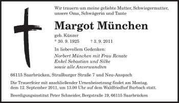 Todesanzeige von Margot München von SAARBRÜCKER ZEITUNG