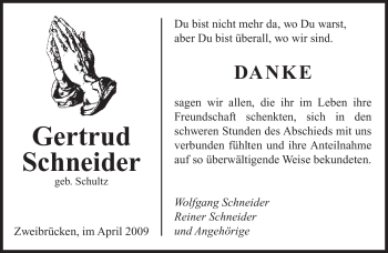 Todesanzeige von Gertrud Schneider von SAARBRÜCKER ZEITUNG