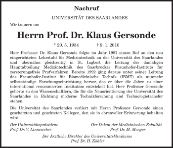 Todesanzeige von Klaus Gersonde von SAARBRÜCKER ZEITUNG