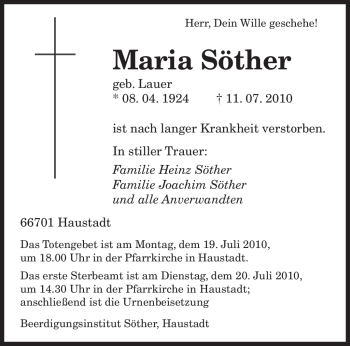 Todesanzeige von Maria Söther von SAARBRÜCKER ZEITUNG