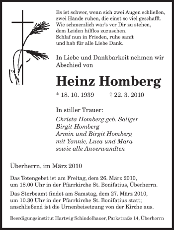 Todesanzeige von Heinz Homberg von SAARBRÜCKER ZEITUNG