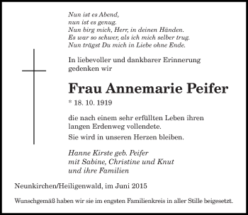 Todesanzeige von Annemarie Peifer von saarbruecker_zeitung